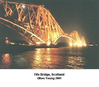 The Fife Bridge at night after our trip to Milnathort, Scotland. There are no links to or from this image. &copy;2001 - Ken Young
