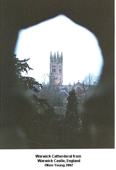 Warwick Catherderal from Warwick Castle. There are no links to or from this image. &copy;2002 - Ken Young